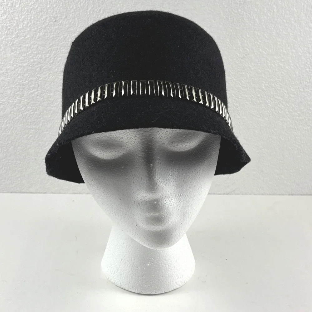 Magid Hats Cloche Bucket Hat Womens OS Black Wool Blend Studded Trim‎ Flapper
